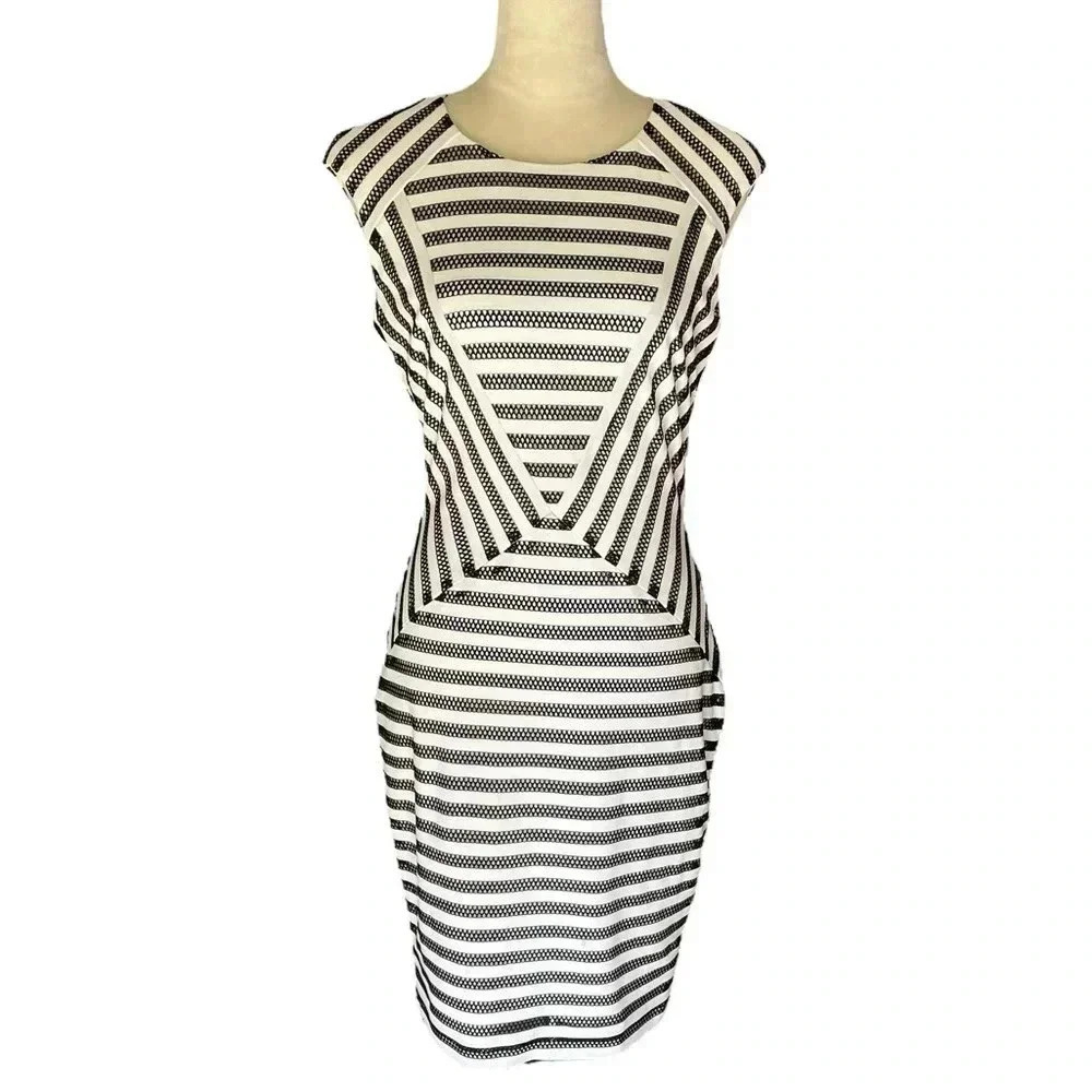 Cache Sexy Bodycon Black Mesh White Stripes Midi Dress‎ Women Size 4